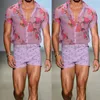 Floral Transparente Lace Sheer Camisa Homens Sexy Ver Através Mens Vestido Camisas Casual Manga Curta Festa Praia Férias Chemise 220521