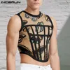 Men Tank Tops Mesh Patchwork Round Neck Streetwear Sleeveless See Through Vests Sexy Party Nightclub Men Crop Tops INCERUN 220526