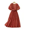 Sommar 1/2 Halva ärm Mid-Calf Dress V Neck Chocolate Floral Lace Belted Elegant Casual Dresses 22Q151632 Plus Size XXL