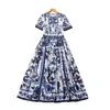 2022 Summer Fall Short Sleeve Round Neck Blue Paisley Print Cotton Panelled MidCalf Dress Elegant Casual Dresses 22Q1923156913709