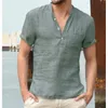 Erkekler Keten Pamuk Henley Gömlek Rahat Kısa Kollu Hippi Düğme Yukarı Plaj T-Shirt