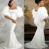 2022 Plus Size Arabic Aso Ebi White Mermaid Sparkly Prom Dresses Feather Sexy Evening Formal Party Second Reception Birthday Engagement Gowns Dress ZJ374