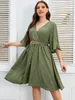 Plus Size Dresses Casual Dress Woman 2022 Summer Female V Neck Half Sleeve Solid Midi Belted High Waist Beach DressesPlus