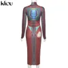 Kliou Aesthetic Print Maxi Dress Women Spring Mock Neck Long Sleeve Bodycon Skirt Female Skinny Clothing Y2K Streetwear 220507