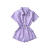 Été enfants filles combinaisons manches courtes col rabattu salopette courte violet combinaisons