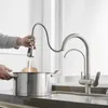 Красивый кран кухонные раковины с вытянутым опрыскивателем 2 Ручка 3 в 1 Водяной фильтр Очиститель очистителя Смесители щеткой Никель Smart Sensor Сенсорная кухня