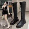 2022 Western Style Lace Up Genuine Leather Knee High Boots Women Shoes Winter Size Knee High Boots Knee High Boots Square Heel Y220729