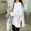 Jielur Autumn White Black Tops女性韓国のアップリケスプリットコットンTシャツ女性長袖カジュアルルーズベーシックシャツS-XL 220517