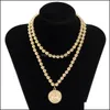 Pendant Necklaces Pendants Jewelry Portrait Coin Alloy Retro Golden Card Neck Imitation Pearl Clavicle Chain Hip Hop Mti-Layer Fashion Cre