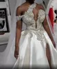 2022 Grande taille arabe Aso Ebi cristaux haute fente robes de mariée une épaule Sexy robes de mariée en satin B05182039165637