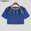 Mode Crop Tops Patchwork See Through Sexy Short Sleeve T Shirts Streetwear Party Niglub Men Clothing Incerun 5xl 220610