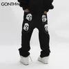 Hip Hop Gotik Denim Pantolon Sokak Giyim Erkek Baskı Grafik Besleme Punk Rock Jeans Harajuku Sıradan Gevşek Jean Pantolon Siyah 220718