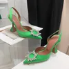 Amina muaddi green satin Crystal-Embellished buckle sandals Slingbacks high heeled shoes pointed toe women's Luxury Designers Dress shoe Evening Women Shoes35-42