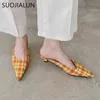Suojialun Summer Fashion Plaid Women Slipper New Brand Pointed Toe Shallow Slip on Mules Shoes Thin Low Heel Sandal 220509