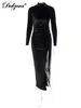 Dulzura Autumn Winter Women Solid Velvet Long Sleeve Ruched Midi Dress Side Slit Bodycon Sexig Streetwear Party Elegant Club 220611