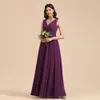 Abiti da damigella d'onore in chiffon su misura Viola Sexy scollo a V Sheer Back Lunghezza del pavimento Abito per la madre della sposa Abiti da ballo da sera BM3004