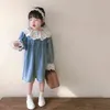 Vestido de manga cheia do joelho pulôver A-line Solid Cotton Regular New Moda Simples Sweet Spring Autumn Children Girls G220506
