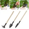 ミニガーデニングツール木材ハンドルメタルポット植物花のためのシャベルレーキスペードポット植物3pcs/set