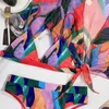 Women's Swimwear Colorful Female Swimsuit High Waist Bikini Women Three-pieces Set Short Sleeve Bather Bathing Suit Swim