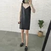 SWYIVY femmes robe en cuir décontracté col en V PU es noir Sexy femme sur la cheville Shorts 220521