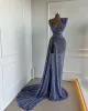 2022 Dusty Blue Sequins Prom Dresses Sleeveless Custom Made High Split Sheath Straps Designer Neckline Evenig Party Gowns Formal Ocn Wear Vestidos