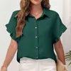 Vrouwen Summer Up Casual Fashion V Neck Rapel Rapel Single Breasted Button Kort Mouw White Chiffon Shirt Elegant Woman Office Top L220705