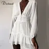 DICLOUD Sexy Plunge V Neck Women's Summer Dress White Lace Long Sleeve Mini Wedding Party Dress Ruffle Elegant Clothes 210401