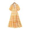 Retro Gelb Kariert Plaid Print Frauen Midi Kleid Vintage Französisch Tiefem V-ausschnitt Zurück Zipper Puff Sleeve Urlaub Robe Vestido 220527