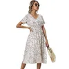 Beyaz Çiçek Baskı Yaz Şifon Plajı Elbise Sıradan V yakalı Kısa Kollu A-Line Kadın Mi Elbiseler Vestidos 220516