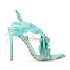 Sandalen Damen Feder Peep Toe High Heels Stilettos Strass Nähte Party Sbankett Sommer Designer Schuhe in GreenSandals