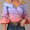 Chemisiers pour femmes Chemises Sexy Off Épaule Sling Design Casual Plissée Flare Sleeve Wrap Shirt Tops Mode Été Motif Imprimer Femmes Blusa