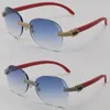 New Micro-paved Diamond Set Rimless Red Wooden Womans Sunglasses Wood Rocks Frame Male and Female Sun Glasses Mens 18K Gold C Deco222O
