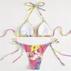 Sexig tryck Bikini Set Triangle Bag Halter Two Piece Swimsuit 2022 Kvinnor Brasiliansk Summer Backless Low Midja Thong baddräkt