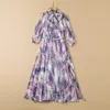 Spring 3/4 Sleeve Mid-Calf Dress Round Neck Red / Green / Lavender Floral Paisley Print Chiffon Ribbon Tie Bow Panelled Elegant Casual Dresses 22Q032101