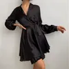 Sexy Satin ceintures une ligne Mini robe lanterne manches élégant fête printemps mode femmes vêtements Streetwear Vestidos 220402