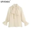 KPYTOMOA Kobiety moda z bowcy półszarstwowe bluzki szyfonowe vintage długie rękawowe luźne koszule blusas eleganckie topy 210308
