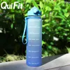 Quifit Water Bottle 1 Liter Silicone Straw Spout Cap Gallon , A-Free, Daily Drinking with Time Stamp 220329