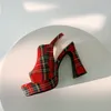 2022 여름 여성 인쇄 샌들 크기 33-43 소녀의 하이힐 물고기 입 단일 신발 국립 스타일 레드 체크 무늬 핑크 패션 웨딩 신발