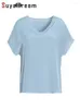 Women's T-Shirt SuyaDream Women T Shirt 100%REAL SILK Solid V Neck Short Bat Sleeved Cozy Tees 2022 Spring Summer Simple Top BlueWomen's Phy