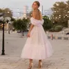 Puffy A-Linie Dot Tüll Ballkleider Blush Pink 2022 Teelang Schulterfrei Elegantes Empfangspartykleid Verlobungskleid