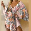 Irrégulière Boho Mini robe manches chauve-souris automne féminin Sexy col en V profond lâche fête printemps Mini robe avec ceinture en dentelle automne 220423