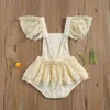 0-24M Princess Baby Girls Bodysuits Lace Flowers Print Ruffles Short Sleeve Jumpsuits Summer 2 Colors G220510