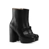 최고 품질의 가죽 플랫폼 발목 부츠 Marmont Boots 자수 미드 힐 부츠 여자 겨울 신발 단색 프린지 ​​신발 Big Sizeno29