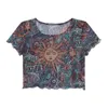 T-shirt da donna T-shirt Fashion Sun Moon Stampato Maglia trasparente Manica corta Girocollo Top per donna Elegante Manga Corta