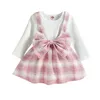 2 stks babymeisjes kleding sets plaid bowknot splicing witte lange mouwen roze geruite kinderen romper boogjurk set 1063 e3