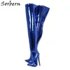 Sorbern Sexy Crotch Oberschenkelhoher Stiefel, 18 cm, Spike-High-Heel-Stilettos, Metallic-Königsblau, harter Schaft, maßgeschneiderte Stiefel mit breiter Wadenpassung