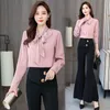 Kvinnors tvåbitar byxor Spring Women Pieces Passar Fashion Fare Pant Set Office Ladies Bow Collar Blue Shirts Långärmad arbete Sidor