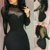 Skinny Summer Dress Mesh Transparent Sexy Black Women Casual Long Sleeve Evening Party Mini Short Bodycon 220521