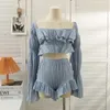 Gagaok Chiffon Two -Piece Set Women Summer High Street Fashion Sexy French Outfits Navel Blouses Solid Wild Shorts 220704