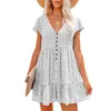 Summer Women Boho Mini Dress Sexig V-ringning Kort ärm Floral Casual Loose Chiffon Dresses Fashion Ruffles Woman Sundress 220514